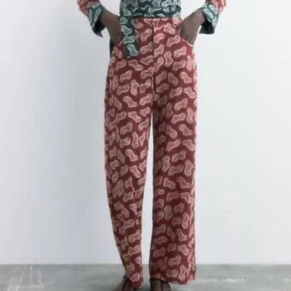 ZARA - Hi-Rise Wide-Leg Pants With Feather Prints XS